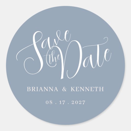 Eenvoudige Elegante Typografie Dusty Blue Save the Ronde Sticker (Voorkant)