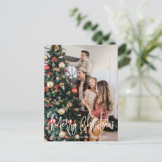 Eenvoudige elegante typografie Familie Kerstfoto Feestdagenkaart (Staand voorkant)