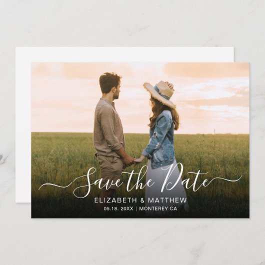 Eenvoudige Elegante Typografie Script Één Fotohuwe Save The Date (Voorkant / Achterkant)