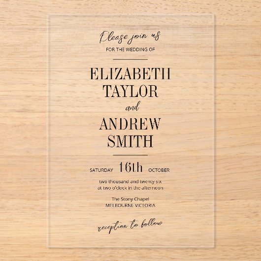 Eenvoudige Elegante uitnodiging, mooi beknopt lett Acryl Uitnodigingen (Voorkant)