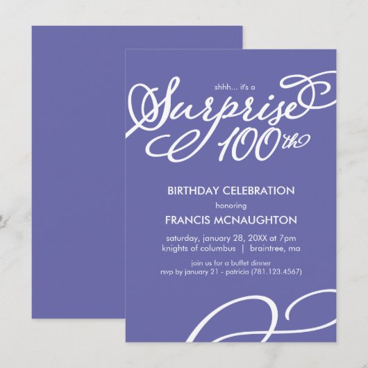 Eenvoudige, elegante verrassingsuitnodiging 100e v kaart (Voorkant / Achterkant)