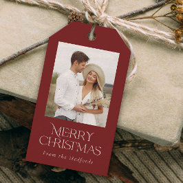 Eenvoudige Elegante Vrolijke Kerstmisfoto Bloemenr Cadeaulabel