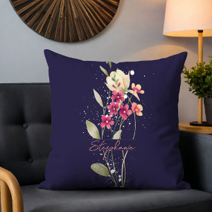 Eenvoudige Elegante Waterverf Bloemen Donkerblauw Kussen