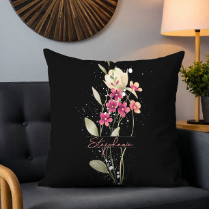 Eenvoudige Elegante Waterverf Bloemen Zwart Kussen