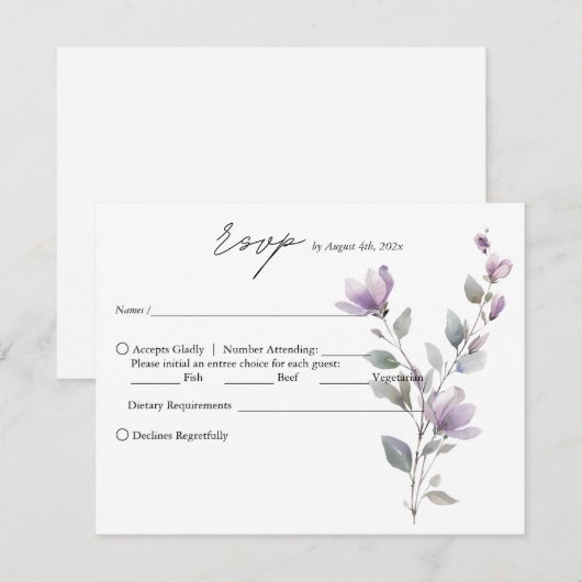 Eenvoudige Elegante waterverf bloemenscript bruilo RSVP Kaartje (Voorkant / Achterkant)