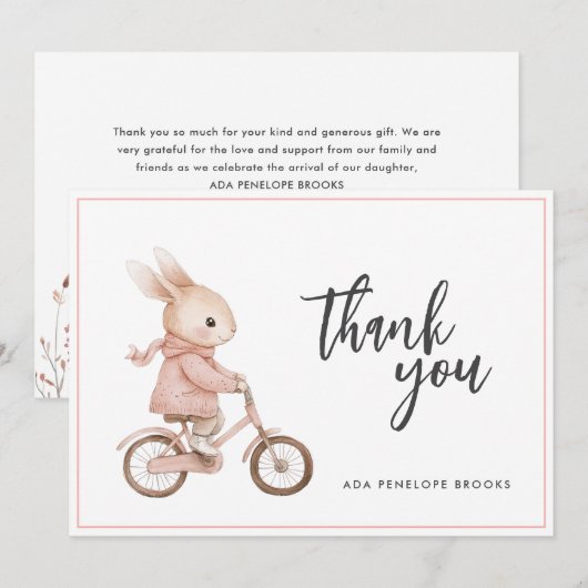 Eenvoudige Elegante Waterverf Bunny Baby Meisje Bedankkaart (Voorkant / Achterkant)