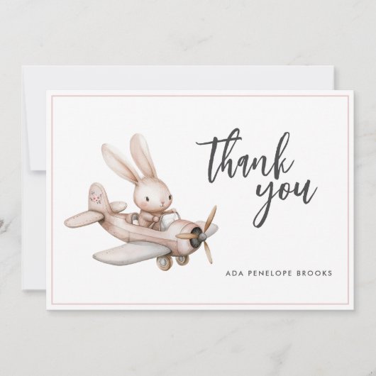 Eenvoudige Elegante Waterverf Bunny Plane Baby Gir Bedankkaart (Voorkant)