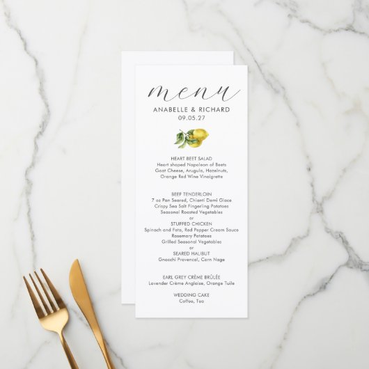 Eenvoudige Elegante Waterverf Citrus Bruiloft Menu (Voorkant / Achterkant in situ)