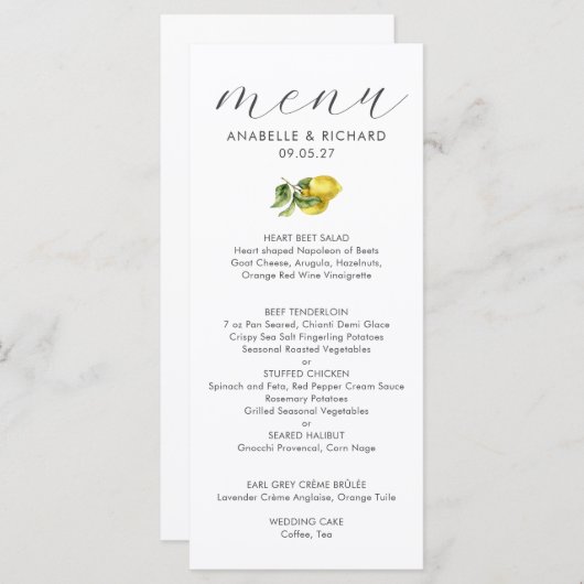 Eenvoudige Elegante Waterverf Citrus Bruiloft Menu (Voorkant / Achterkant)