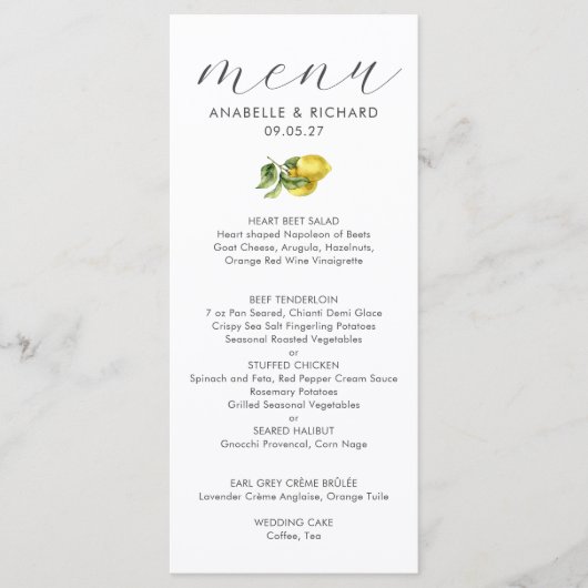 Eenvoudige Elegante Waterverf Citrus Bruiloft Menu (Voorkant)