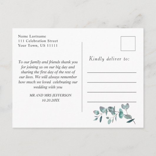 Eenvoudige elegante Waterverf Eucalyptus Dank je w Briefkaart (Achterkant)