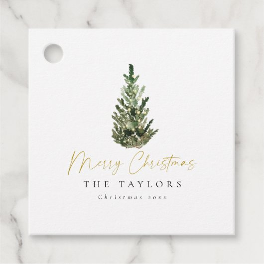 Eenvoudige Elegante Waterverf Kerstboom Bedankjes Labels (Voorkant)