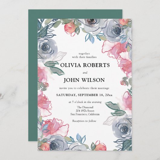 Eenvoudige Elegante Wildflower bruiloft Kaart (Voorkant / Achterkant)