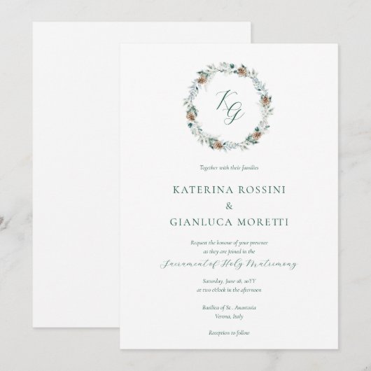 Eenvoudige elegante winter groen katholieke bruilo kaart (Voorkant / Achterkant)