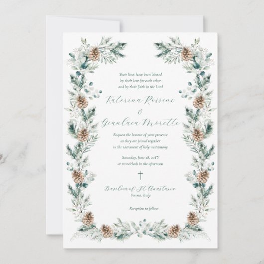 Eenvoudige elegante winter groen katholieke bruilo kaart (Voorkant)