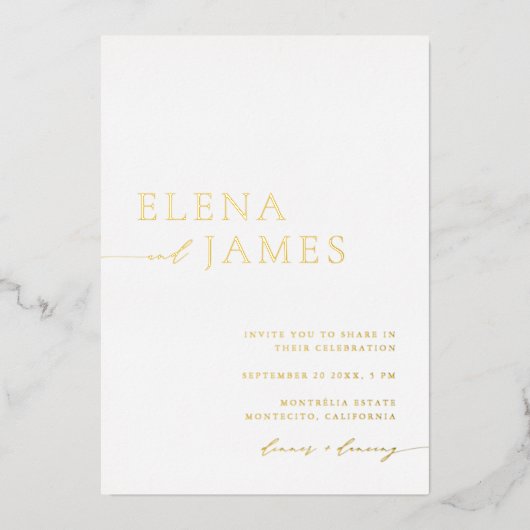 Eenvoudige elegante wit & goud minimalistische bru folie uitnodiging (Voorkant)