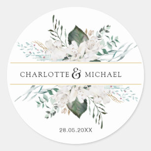 Eenvoudige, elegante witte bloemen bruiloft ronde sticker