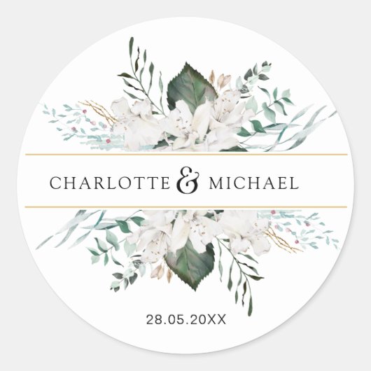 Eenvoudige, elegante witte bloemen bruiloft ronde sticker (Voorkant)