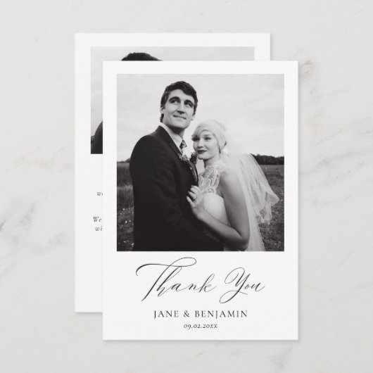 Eenvoudige elegante witte bruiloft 2 foto bedankkaart (Voorkant / Achterkant)