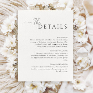 Eenvoudige Elegante witte bruiloft details Informatiekaartje