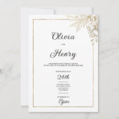 Eenvoudige elegante witte en gouden bloemenbruilof kaart (Voorkant)