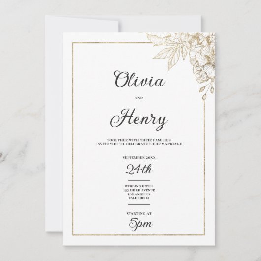 Eenvoudige elegante witte en gouden bloemenbruilof kaart (Voorkant)