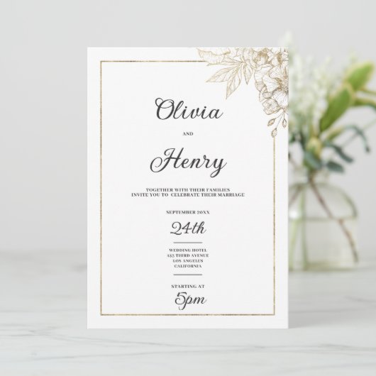 Eenvoudige elegante witte en gouden bloemenbruilof kaart (Staand voorkant)