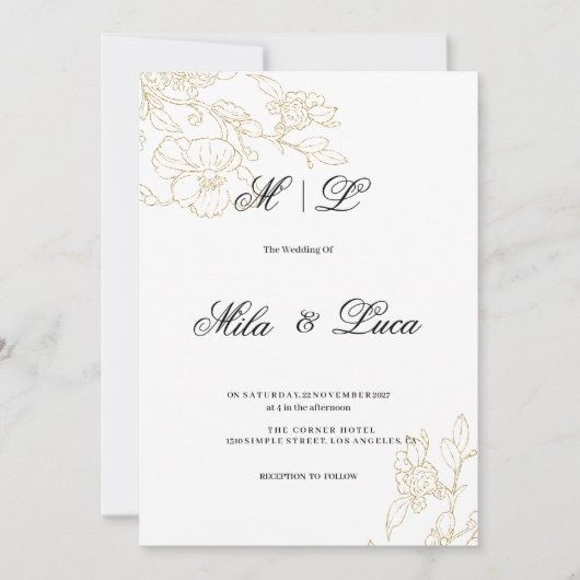 Eenvoudige elegante witte gouden bloemenbruiloft kaart (Voorkant)