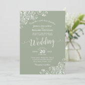 Eenvoudige elegante witte kant op Sage Green Weddi Kaart (Staand voorkant)