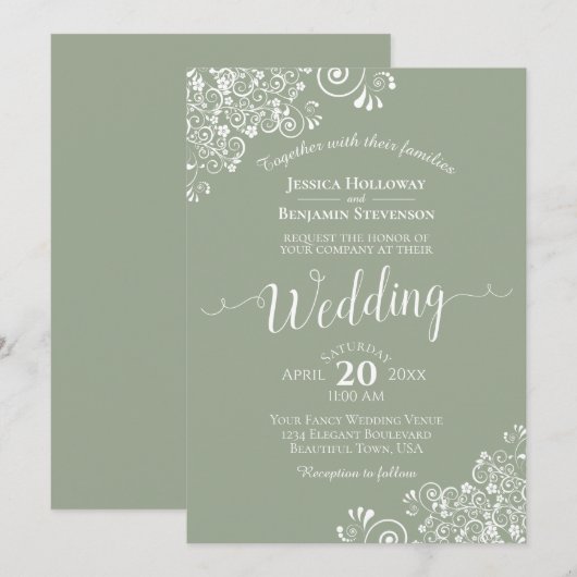 Eenvoudige elegante witte kant op Sage Green Weddi Kaart (Voorkant / Achterkant)