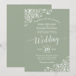 Eenvoudige elegante witte kant op Sage Green Weddi Kaart