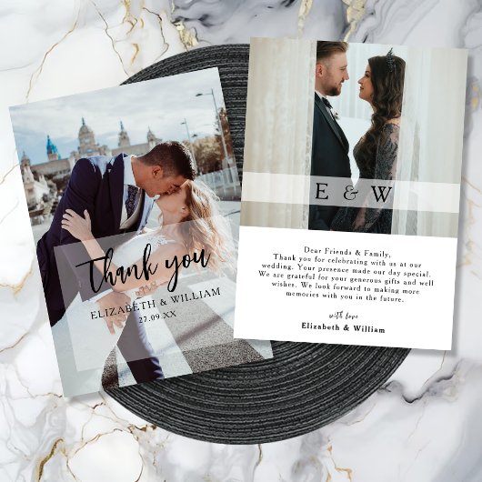 Eenvoudige Elegante witte overlay 2 Foto Huwelijk Bedankkaart