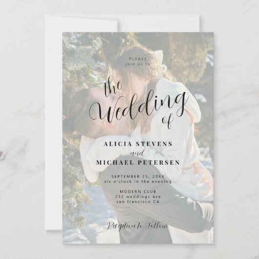 Eenvoudige elegante witte overlay foto bruiloft kaart (Voorkant)