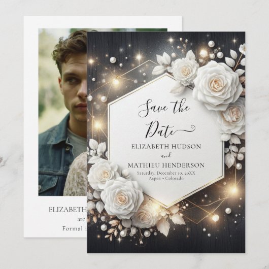 Eenvoudige Elegante Witte Rozen Bruiloft Save The Date (Voorkant / Achterkant)