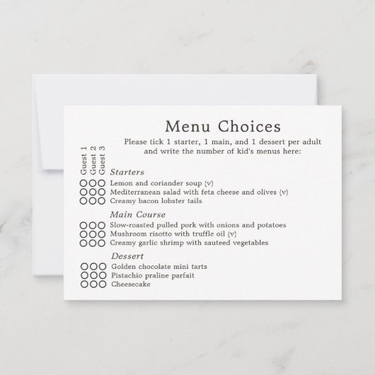 Eenvoudige Elegante Witte RSVP Kaart Met Menu Keuz (Achterkant)
