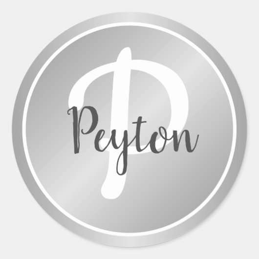 Eenvoudige Elegante Zilveren Grijs Monogram Naam Ronde Sticker (Voorkant)