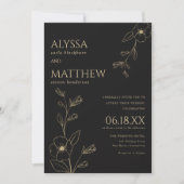 Eenvoudige elegante zwart en gouden bloemenbruilof kaart (Voorkant)