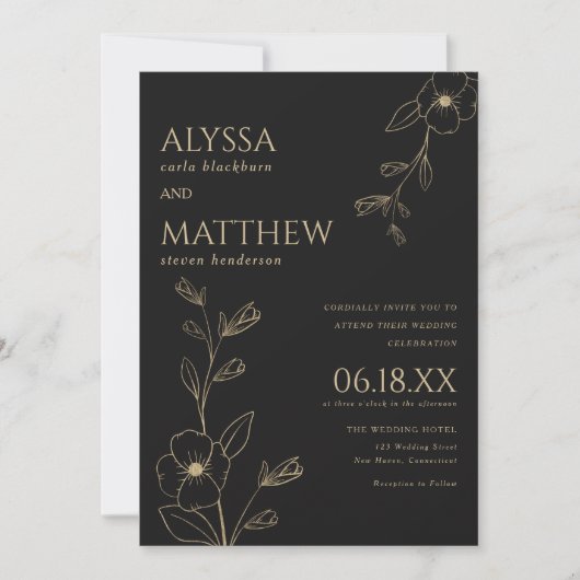 Eenvoudige elegante zwart en gouden bloemenbruilof kaart (Voorkant)