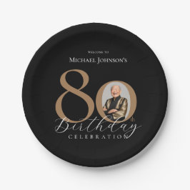 Eenvoudige Elegante Zwart Gouden Foto 80e Verjaard Papieren Bordje