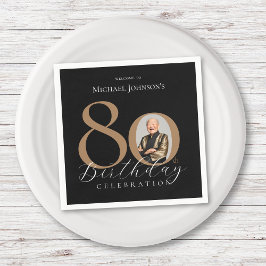Eenvoudige Elegante Zwart Gouden Foto 80e Verjaard Servet