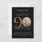 Eenvoudige Elegante Zwart Gouden Foto 90ste Verjaa Bedankkaart (Voorkant)