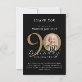 Eenvoudige Elegante Zwart Gouden Foto 90ste Verjaa Bedankkaart