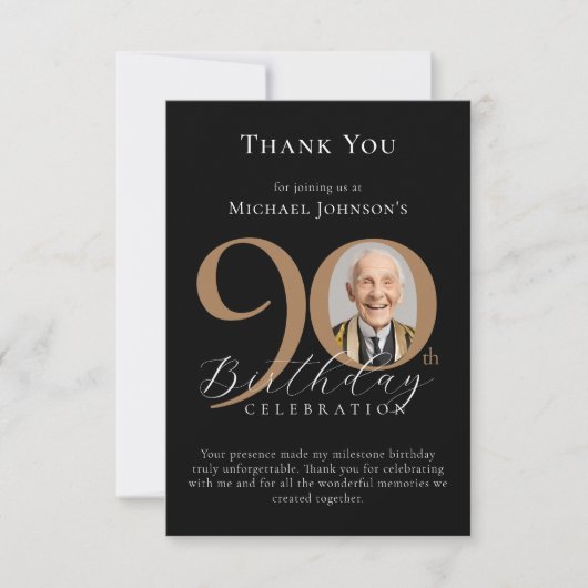 Eenvoudige Elegante Zwart Gouden Foto 90ste Verjaa Bedankkaart (Voorkant)