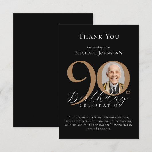 Eenvoudige Elegante Zwart Gouden Foto 90ste Verjaa Bedankkaart (Voorkant / Achterkant)