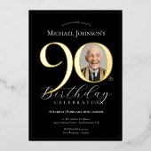 Eenvoudige Elegante Zwart Gouden Foto 90ste Verjaa Folie Uitnodiging (Voorkant)