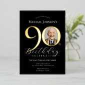 Eenvoudige Elegante Zwart Gouden Foto 90ste Verjaa Folie Uitnodiging (Staand Voorkant)