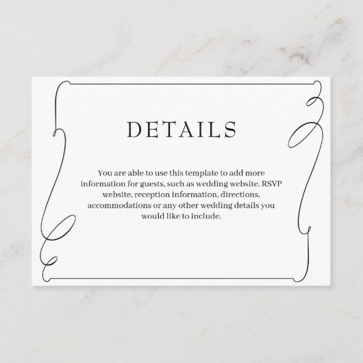 Eenvoudige elegante zwart-wit bruiloft details informatiekaartje (Voorkant)