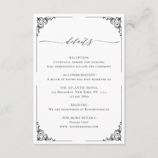 Eenvoudige elegante zwart-wit bruiloft details informatiekaartje (Voorkant)