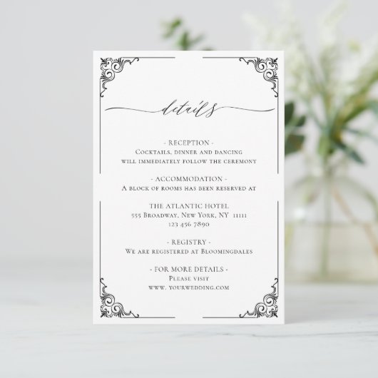 Eenvoudige elegante zwart-wit bruiloft details informatiekaartje (Staand voorkant)