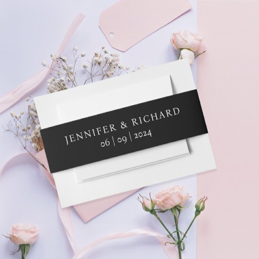 Eenvoudige elegante zwart-wit bruiloft typografie uitnodigingen wikkel